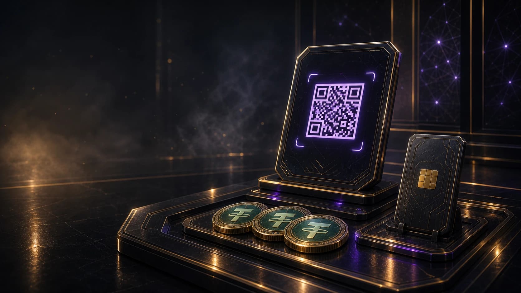 Премиальная сцена crypto checkout с QR invoice и USDT TRC-20 network
