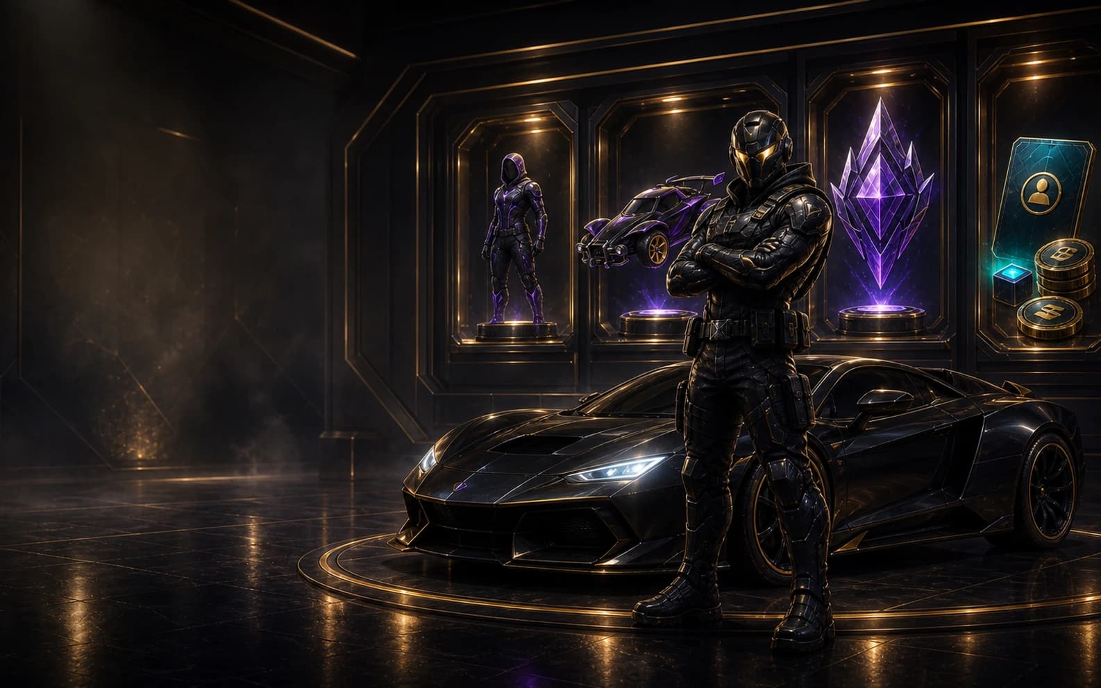 Premium Rage Market hero art with a luxury game vault, black sports car, ranked crystal and curated gaming categories
